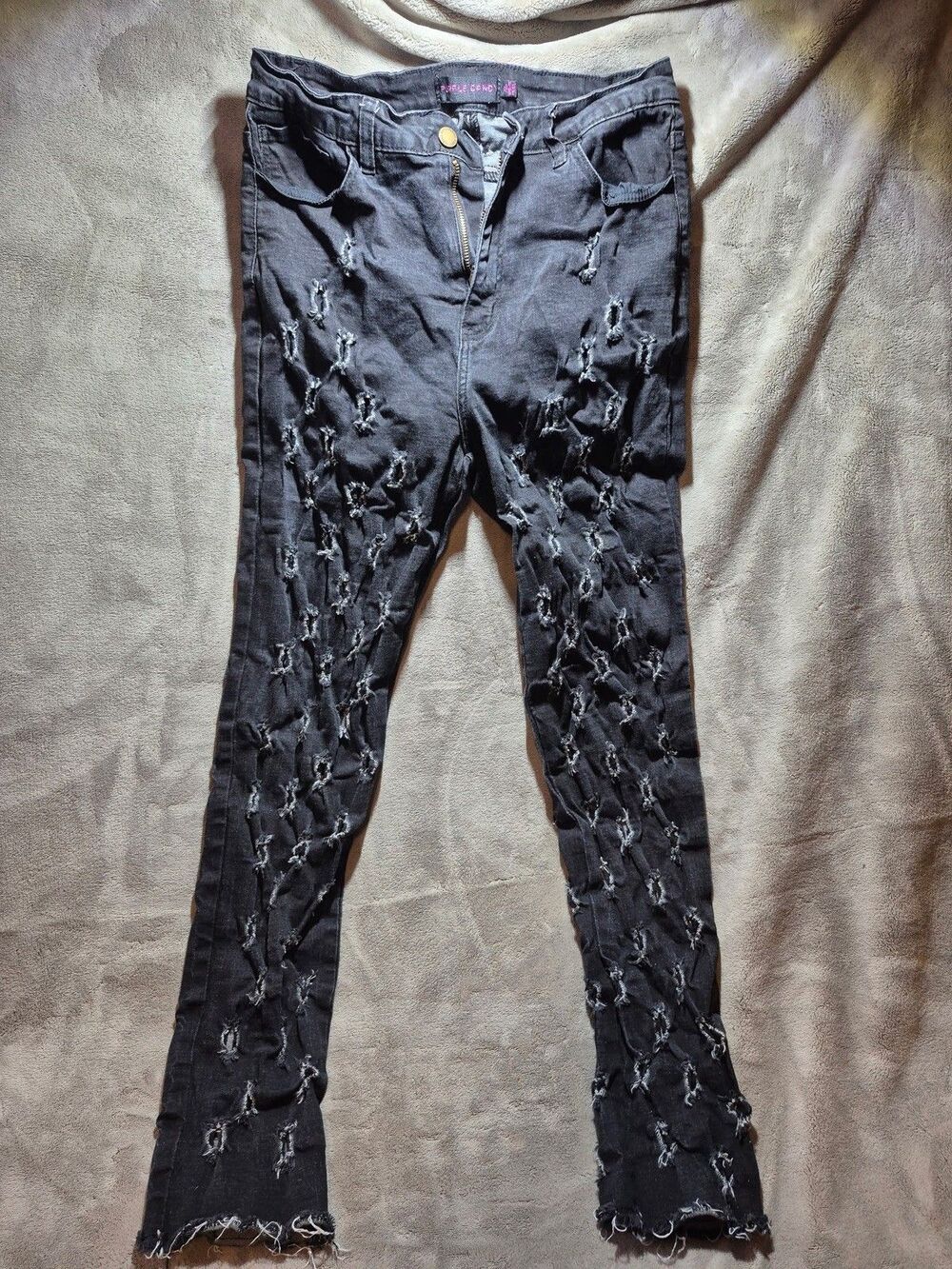 Purple Candy Jeans Juniors Size XL Black Distressed Holes Pattern Skinny Grunge